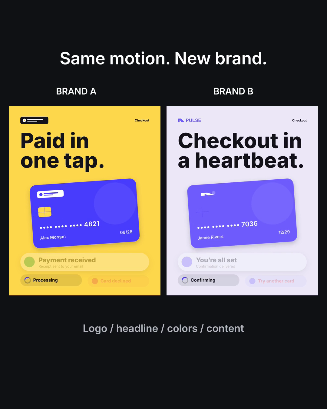 Checkout states in two contrasting brand versions